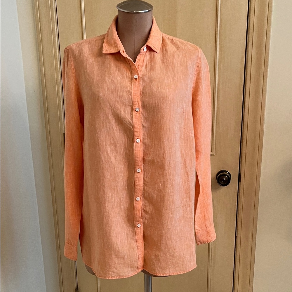 J. MCLAUGHLIN "Britt" Classic Coastal Preppy 100% Linen L.SLV Tangerine Blouse L